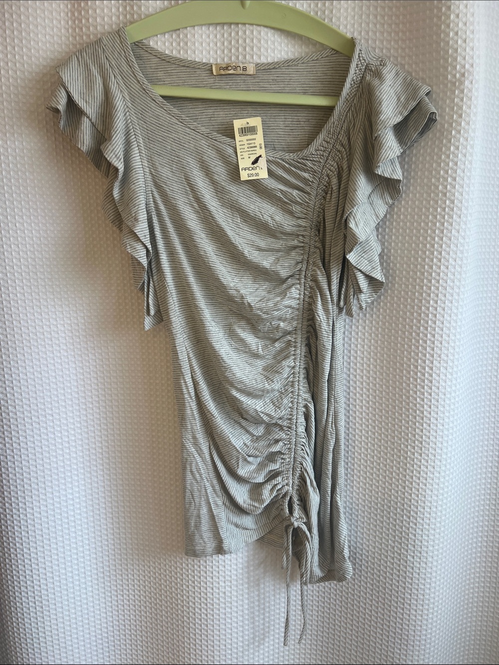 Arden B Light Blue/Gray Ruched Side-Tie Ruffle Sleeve Top